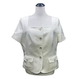 Vtg Le Suit Petite White Short Sleeve Top Womens 16P Square Neck Career Classic